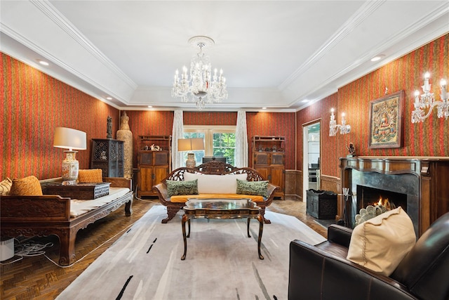10 Laurel Woods Dr, Upper Brookville, NY 11771 - living room featuring a chandelier, ornamental molding, a fireplace, and wallpapered walls