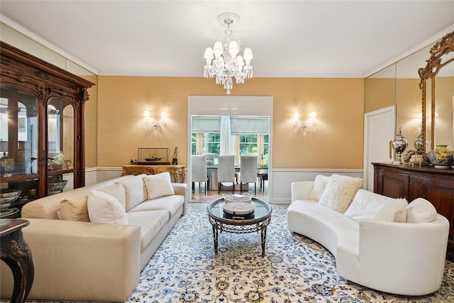 10 Laurel Woods Dr, Upper Brookville, NY 11771 - living area with a chandelier, crown molding, and a wainscoted wall