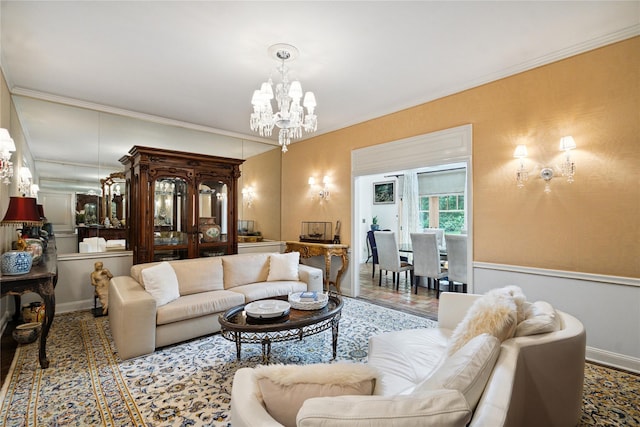 10 Laurel Woods Dr, Upper Brookville, NY 11771 - living room with a chandelier, ornamental molding, and a wainscoted wall