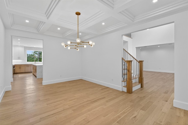 32A Pine Rd, Syosset, NY 11791 - empty room with stairway, coffered ceiling, light wood finished floors, a chandelier, and beamed ceiling