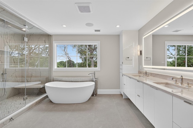 32A Pine Rd, Syosset, NY 11791 - bathroom with a marble finish shower, double vanity, a soaking tub, and recessed lighting