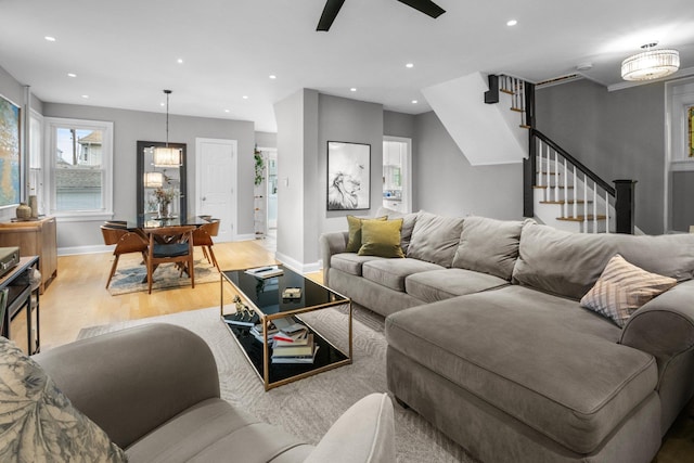 51 Lincoln St, New Rochelle, NY 10801 - living room featuring light wood-style flooring, recessed lighting, stairs, and ceiling fan