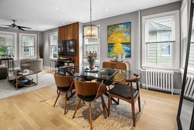 51 Lincoln St, New Rochelle, NY 10801 - dining room featuring radiator heating unit, light wood-type flooring, a ceiling fan, a chandelier, and recessed lighting