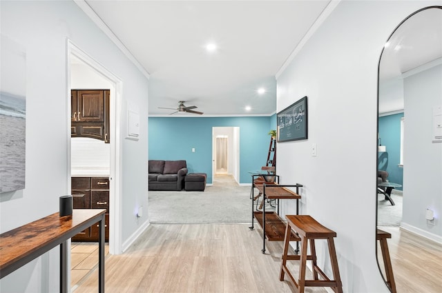 10 Bryant Cres Unit 1J, White Plains, NY 10605 - hallway featuring ornamental molding, light wood finished floors, and recessed lighting
