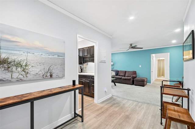 10 Bryant Cres Unit 1J, White Plains, NY 10605 - hallway featuring ornamental molding, light wood-style flooring, and recessed lighting