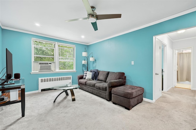 10 Bryant Cres Unit 1J, White Plains, NY 10605 - living area with radiator, cooling unit, crown molding, carpet, and a ceiling fan