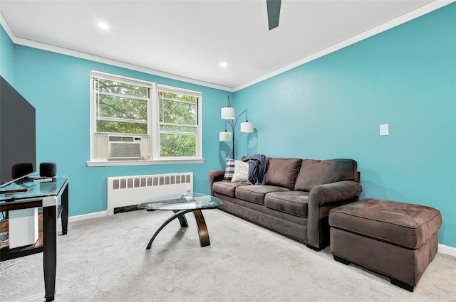 10 Bryant Cres Unit 1J, White Plains, NY 10605 - carpeted living area with radiator, crown molding, ceiling fan, recessed lighting, and cooling unit