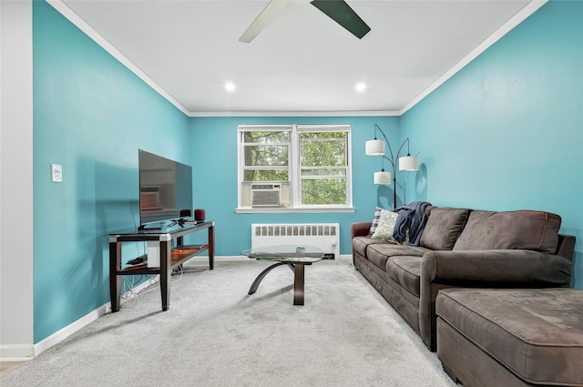 10 Bryant Cres Unit 1J, White Plains, NY 10605 - carpeted living room featuring radiator, a ceiling fan, crown molding, and cooling unit