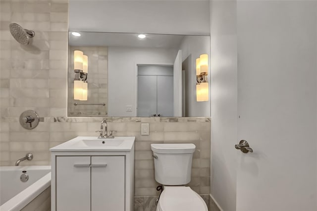 635 W 42nd St Unit 7A, New York Manhattan, NY 10036 - bathroom with vanity, tile walls, recessed lighting, and shower / tub combination