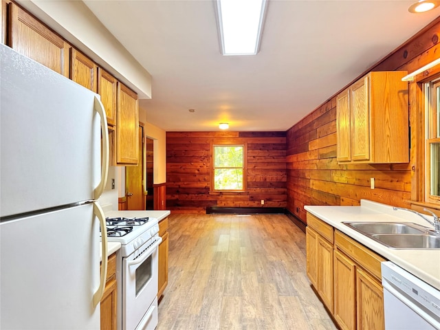 5 Will Palmer Rd, Catskill, NY 12414 - kitchen featuring white appliances, wooden walls, light countertops, and light wood finished floors