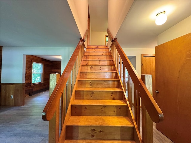 5 Will Palmer Rd, Catskill, NY 12414 - stairs with wooden walls, a wainscoted wall, and wood finished floors