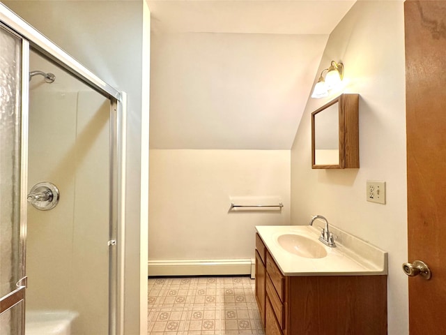 5 Will Palmer Rd, Catskill, NY 12414 - bathroom with a baseboard radiator, a stall shower, vanity, tile patterned floors, and vaulted ceiling