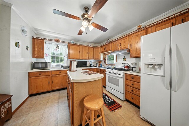 TR34 10 Hoffman Rd, Fremont Center, NY 12736 - kitchen with white appliances, ornamental molding, brown cabinetry, under cabinet range hood, and light countertops