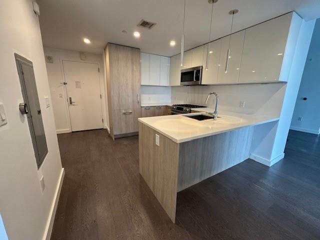 13105 40th Rd Unit 15E, Flushing, NY 11354 - kitchen with stainless steel appliances, modern cabinets, a peninsula, dark wood-style flooring, and recessed lighting