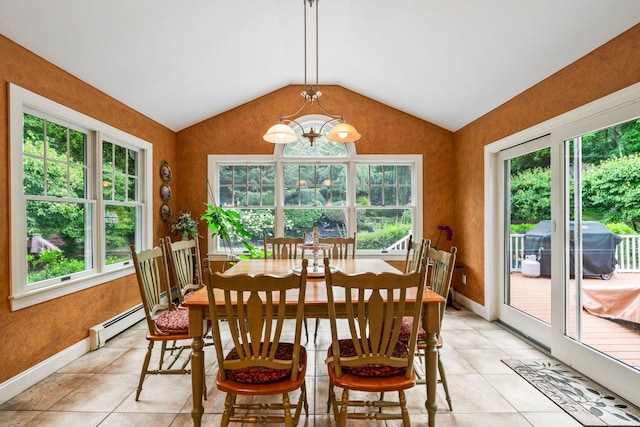 14 Etna Ln, Dix Hills, NY 11746 - dining space featuring vaulted ceiling, light tile patterned floors, a chandelier, and baseboard heating