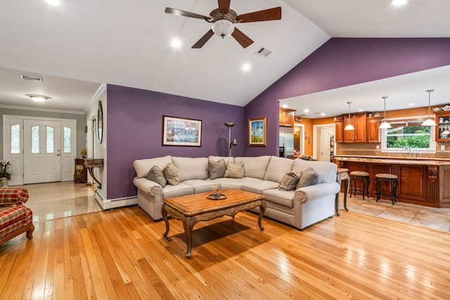 14 Etna Ln, Dix Hills, NY 11746 - living room featuring light wood-style flooring, a ceiling fan, lofted ceiling, and recessed lighting
