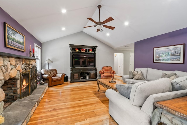 14 Etna Ln, Dix Hills, NY 11746 - living room featuring a ceiling fan, light wood-style floors, lofted ceiling, a fireplace, and recessed lighting