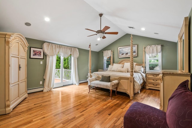 14 Etna Ln, Dix Hills, NY 11746 - bedroom featuring access to outside, light wood-style floors, multiple windows, vaulted ceiling, and a baseboard heating unit