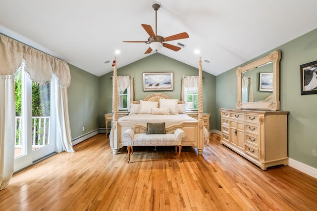 14 Etna Ln, Dix Hills, NY 11746 - bedroom featuring a baseboard radiator, light wood-style floors, multiple windows, vaulted ceiling, and a ceiling fan