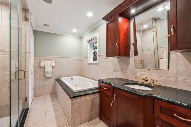 14 Etna Ln, Dix Hills, NY 11746 - full bathroom featuring a whirlpool tub, vanity, crown molding, a stall shower, and tile patterned flooring