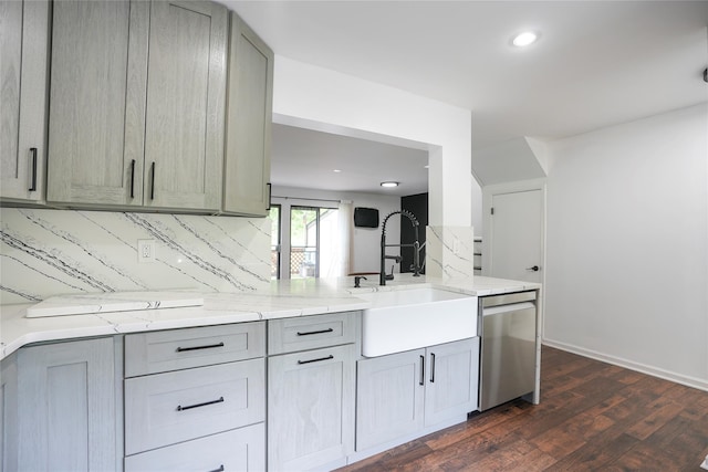 3103 Chelsea Cv S, Hopewell Junction, NY 12533 - kitchen with stainless steel dishwasher, dark wood-type flooring, gray cabinets, light stone countertops, and recessed lighting