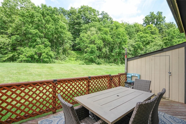 3103 Chelsea Cv S, Hopewell Junction, NY 12533 - wooden deck featuring a lawn, outdoor dining area, and a storage shed