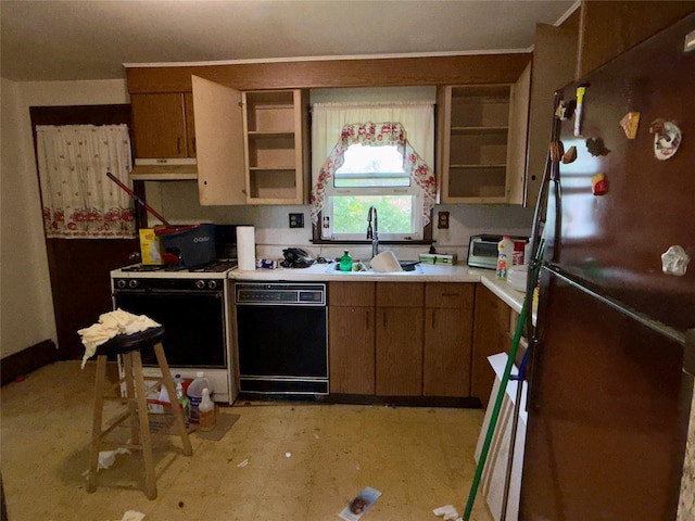 6 James Pl, Wappingers Falls, NY 12590 - kitchen featuring freestanding refrigerator, black dishwasher, gas range gas stove, light countertops, and open shelves