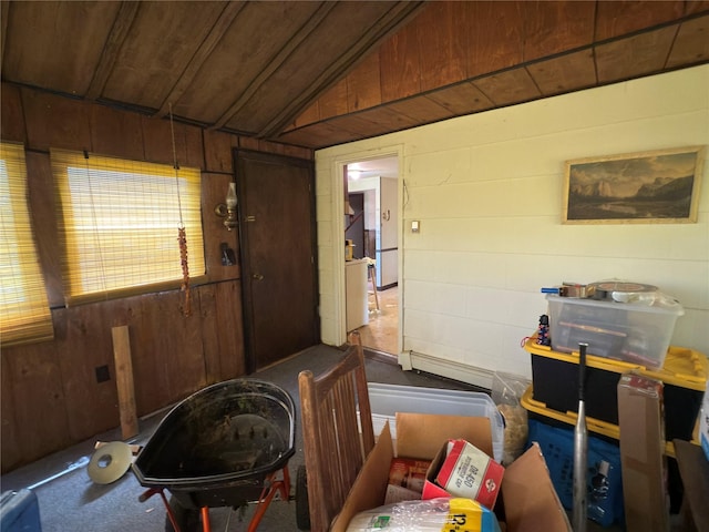 6 James Pl, Wappingers Falls, NY 12590 - living area featuring wood walls, vaulted ceiling, and carpet flooring