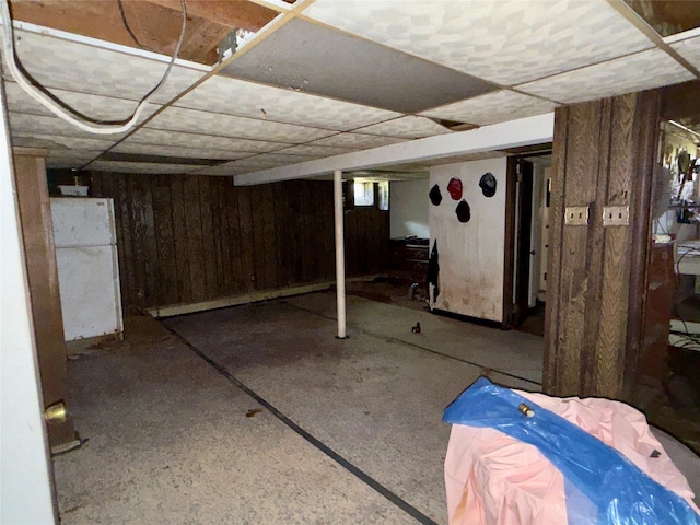 6 James Pl, Wappingers Falls, NY 12590 - below grade area featuring freestanding refrigerator and wood walls