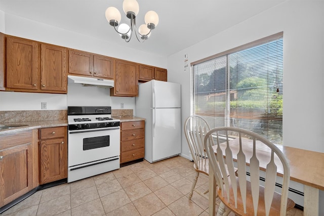 3 Adrian Ct Unit B, Cortlandt Manor, NY 10567 - kitchen featuring white appliances, under cabinet range hood, a chandelier, and brown cabinets