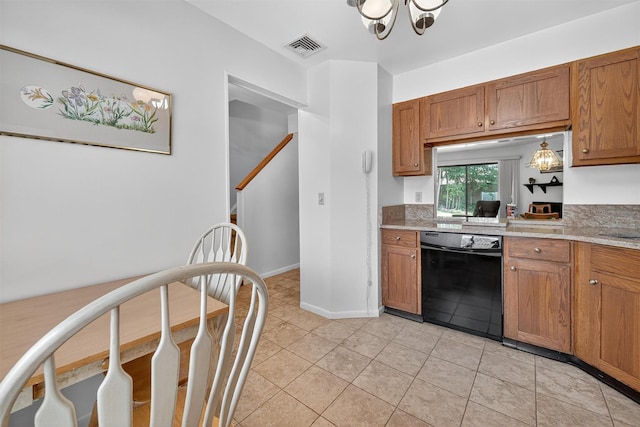3 Adrian Ct Unit B, Cortlandt Manor, NY 10567 - kitchen featuring dishwasher, brown cabinetry, light tile patterned flooring, and a chandelier
