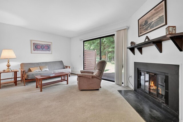 3 Adrian Ct Unit B, Cortlandt Manor, NY 10567 - living room with carpet floors, a fireplace with flush hearth, and baseboard heating