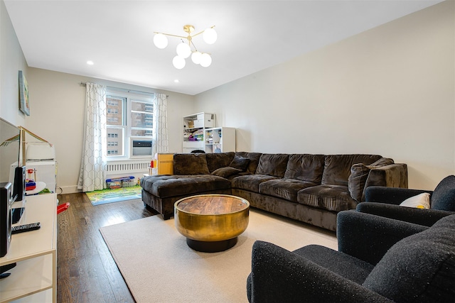 110-34 73rd Rd Unit 5A, Forest Hills, NY 11375 - living area with radiator heating unit, wood finished floors, a chandelier, and recessed lighting
