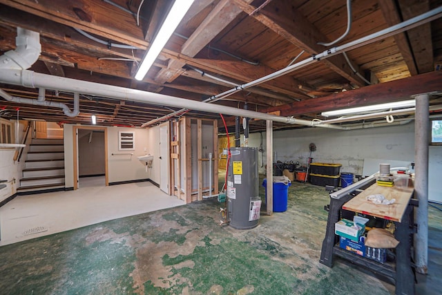 52 Mc Cue Ln, Babylon, NY 11702 - unfinished basement with electric water heater and stairs