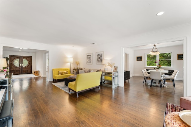 130 Carthage Rd, Scarsdale, NY 10583 - living room featuring dark wood-type flooring, recessed lighting, and ornamental molding