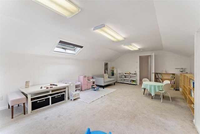 130 Carthage Rd, Scarsdale, NY 10583 - game room featuring lofted ceiling, carpet floors, and a skylight