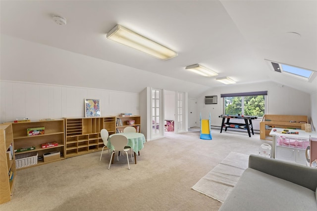 130 Carthage Rd, Scarsdale, NY 10583 - game room with a wall mounted AC, lofted ceiling, and carpet