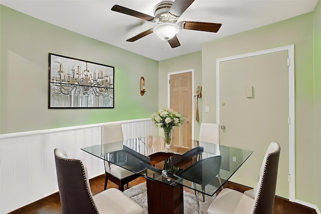 135 S Highland Ave Unit B5, Ossining, NY 10562 - dining area with a wainscoted wall, a ceiling fan, and wood finished floors