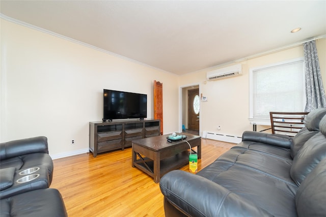 58-44 219th St, Bayside, NY 11364 - living room featuring a wall unit AC, a baseboard radiator, crown molding, and light wood-type flooring