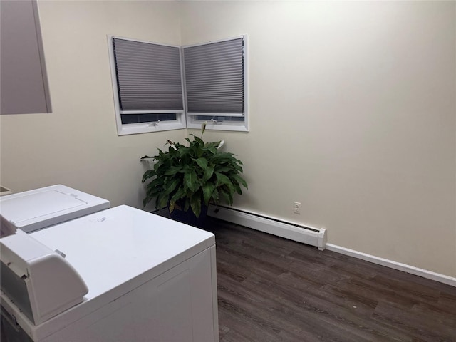 8 Lisa Dr, Dix Hills, NY 11746 - laundry room featuring baseboard heating, washing machine and dryer, and dark wood-style flooring