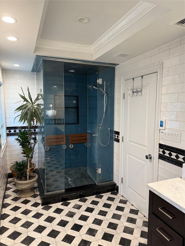 8 Lisa Dr, Dix Hills, NY 11746 - bathroom featuring ornamental molding, vanity, a shower stall, and recessed lighting
