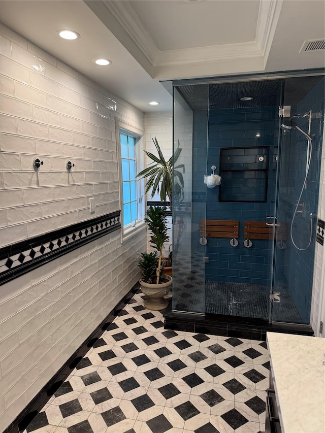 8 Lisa Dr, Dix Hills, NY 11746 - bathroom featuring a stall shower, vanity, ornamental molding, tile patterned floors, and a raised ceiling