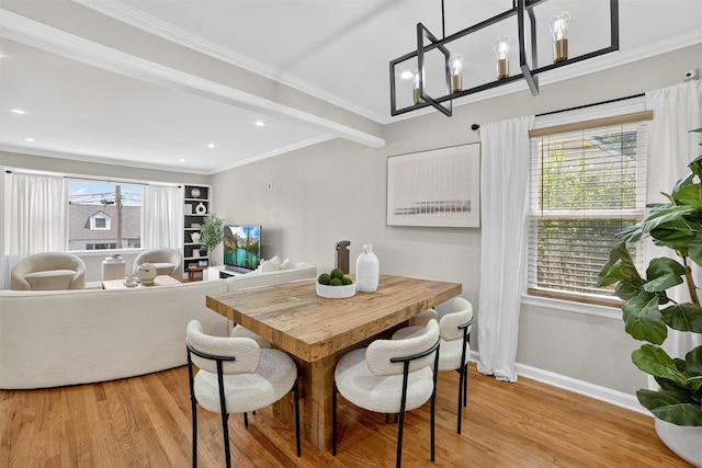 130 Cresthill Rd, Yonkers, NY 10710 - dining area with light wood-type flooring, beamed ceiling, recessed lighting, and crown molding