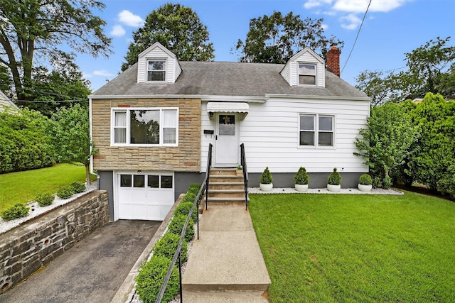 130 Cresthill Rd, Yonkers, NY 10710 - new england style home with concrete driveway, a chimney, stone siding, an attached garage, and a front yard