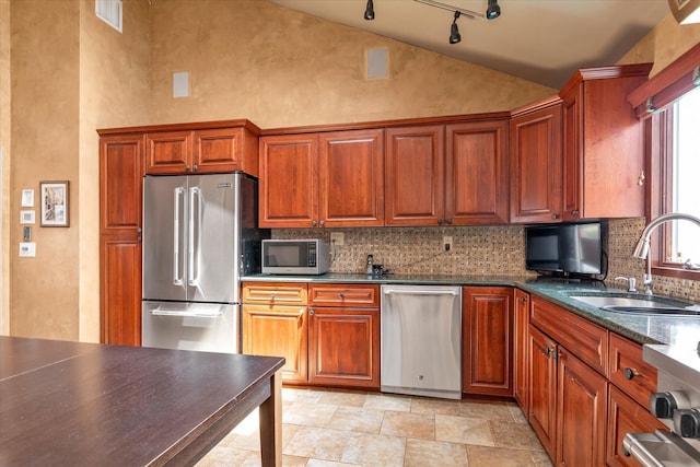 3337 Murdock Ave, Oceanside, NY 11572 - kitchen with appliances with stainless steel finishes, tasteful backsplash, high vaulted ceiling, stone finish flooring, and brown cabinetry