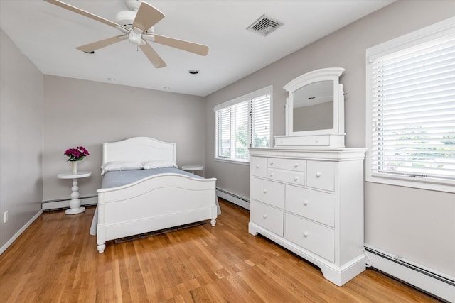 3337 Murdock Ave, Oceanside, NY 11572 - bedroom with a baseboard heating unit, light wood-style flooring, and a ceiling fan