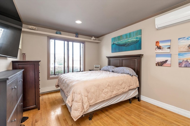 3337 Murdock Ave, Oceanside, NY 11572 - bedroom featuring ornamental molding, a wall unit AC, light wood-style flooring, recessed lighting, and baseboard heating