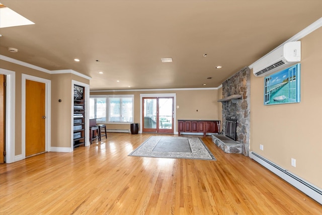 3337 Murdock Ave, Oceanside, NY 11572 - unfurnished living room featuring baseboard heating, a wall mounted air conditioner, crown molding, light wood-style flooring, and a fireplace