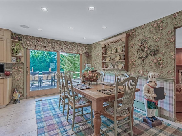2000 Lake End Rd, Merrick, NY 11566 - dining space with wallpapered walls, recessed lighting, and light tile patterned floors