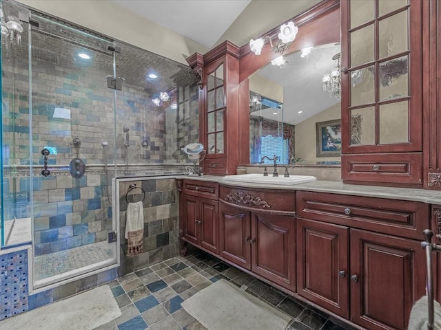 2000 Lake End Rd, Merrick, NY 11566 - full bath featuring vanity, a stall shower, a chandelier, and lofted ceiling